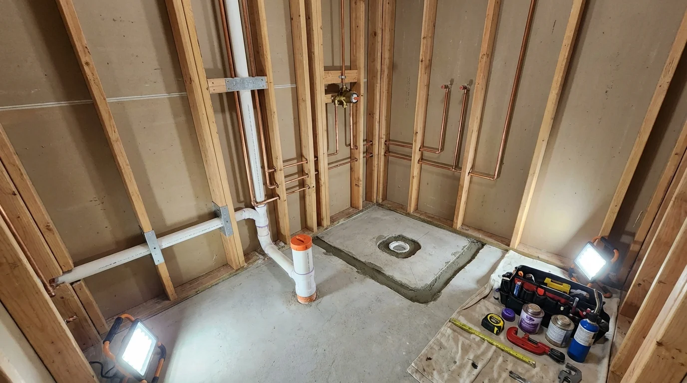 Bathroom rough-in plumbing during remodel by Johns Plumbing LLC in Hartington