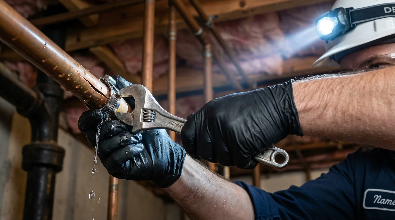 Emergency pipe clamp repair being performed by a Johns Plumbing LLC plumber in Hartington