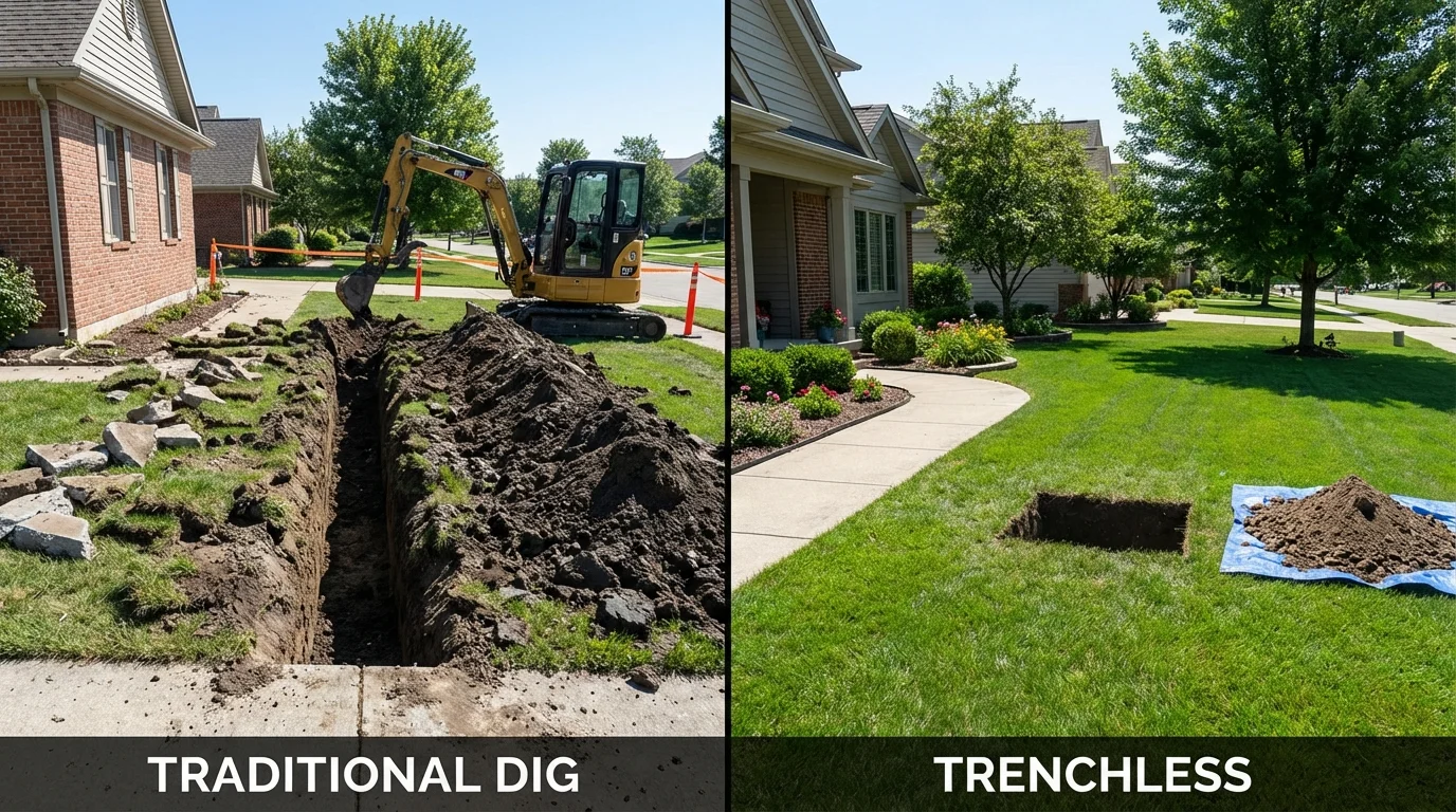 Trenchless sewer repair with minimal yard damage versus traditional excavation in Hartington, NE