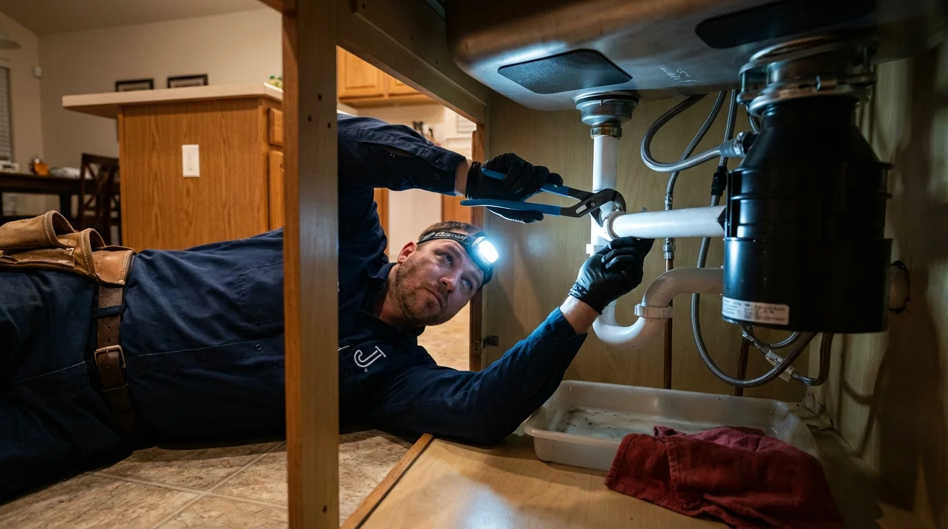 P-trap and supply line connections under a kitchen sink showing a common leak point in Hartington, NE